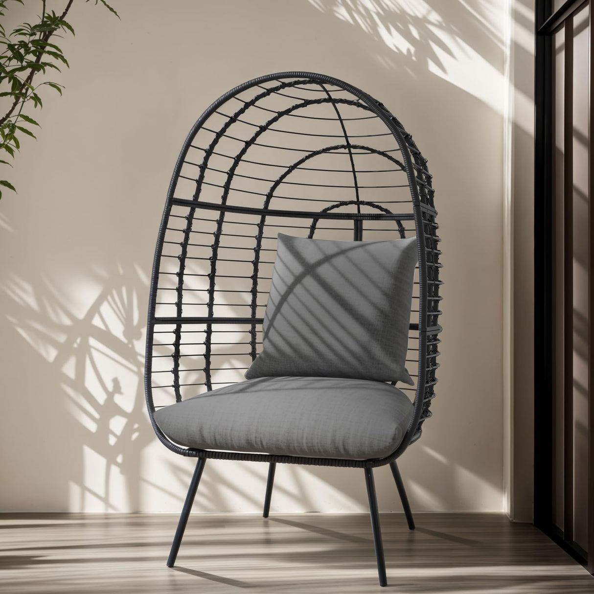 JOIVI Wicker Egg Chair, Oversized Indoor Outdoor Lounger Large Egg Basket Chair with Stand and Cushions for Patio Porch, Backyard, Living Room, Balcony (Black Rattan, Gray Cushion) JOIVI