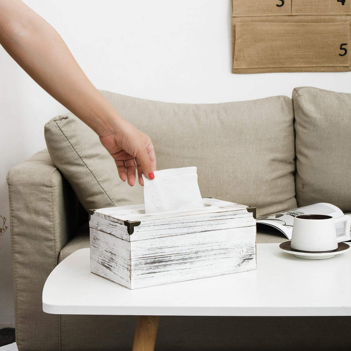 Distressed Wooden Rustic Facial Tissue Box Holder Tissue Box Cover Napkin Dispenser for bathroom Living room dining room bedroom toilet (Washed white) VERGOODR