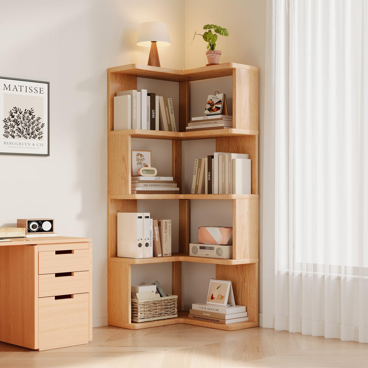 4-Tiers Corner Bookshelf with Storage, Modern Geometric Bookcase, L-Shaped Book case estantes,Wooden Storage Shelves,for Home Office, Living Room, Bedroom (4-Tier) WoodArtSupply
