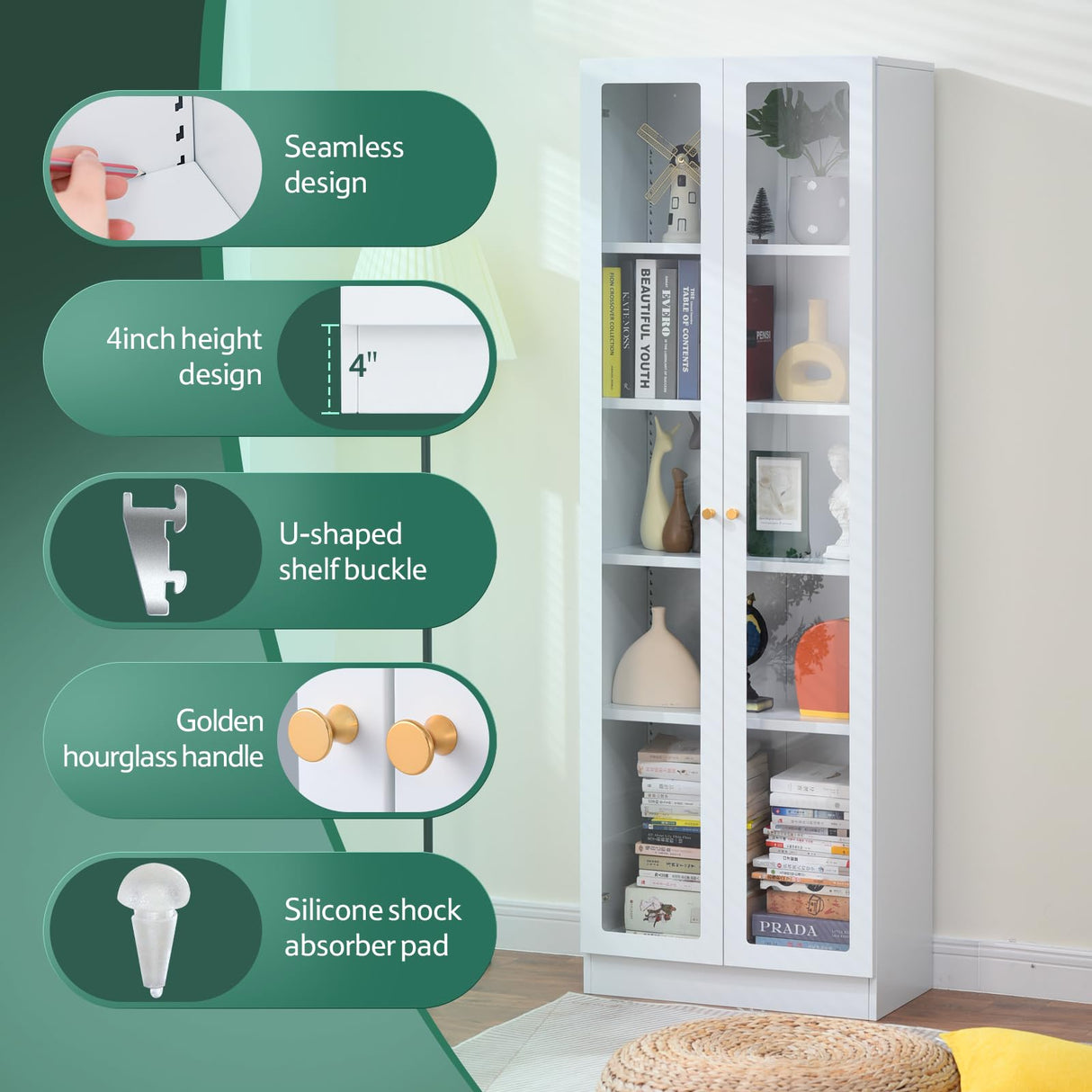 IRONMIX 70.87 Inch Tall White Enclosed Bookshelf with Acrylic Door and Adjustable Shelves IRONMIX