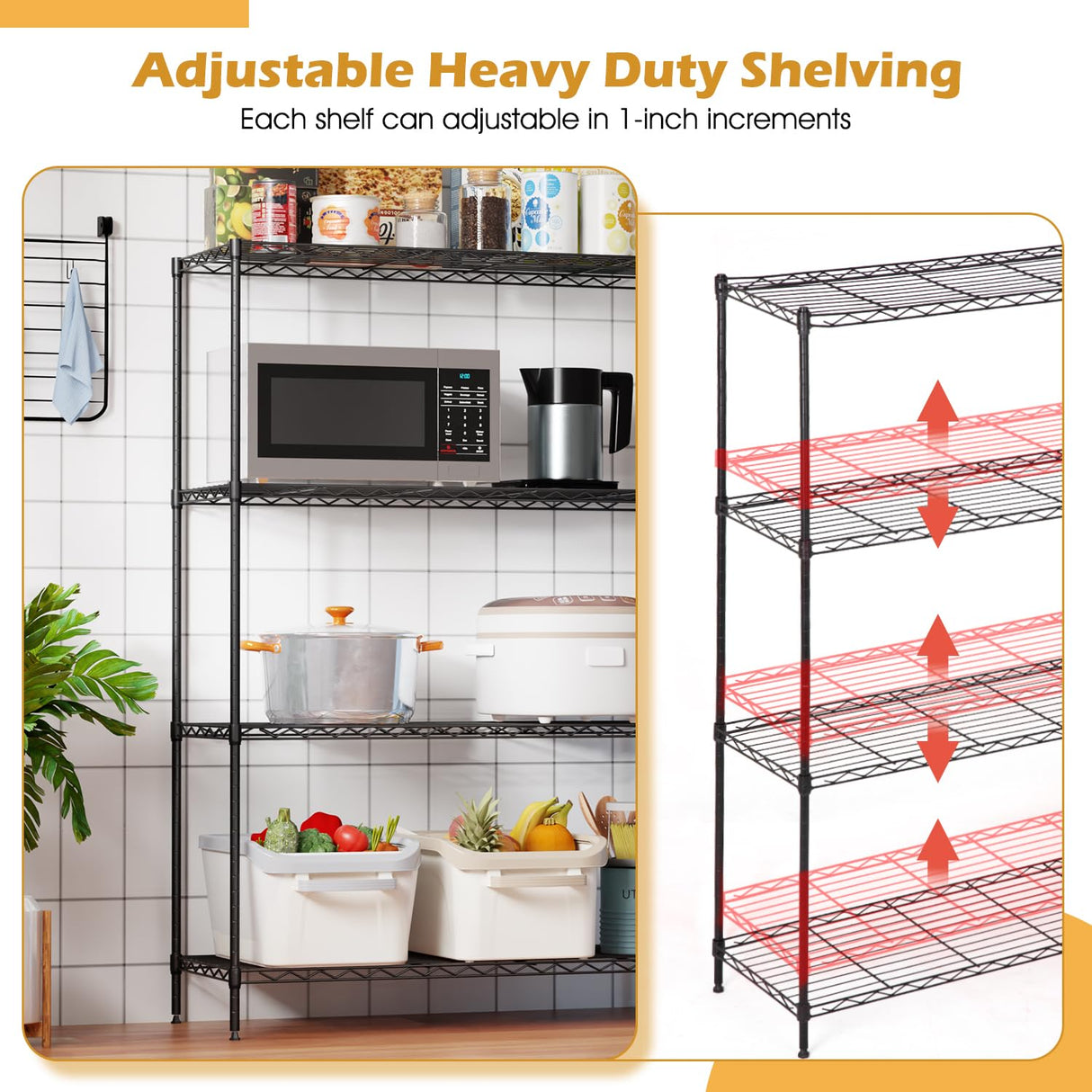 4-Tier Adjustable Metal Shelving Unit, Heavy Duty Garage Storage Rack, Wire Shelves & Closet Organizers, Utility Shelf for Kitchen, Pantry, Garage – Black, 53.7" W x 13.4" D x 35" H, 800 lbs YRLLENSDAN