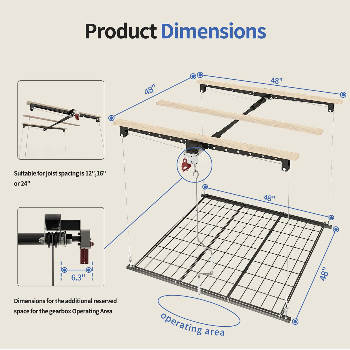 KOKORACKER Garage Ceiling Storage Racks, Heavy-duty 4x4 Ft Overhead Garage Storage Rack with Safety Lock, Ideal for Overhead Storage Mounted Lift System and Storage Organizer, 250lbs Capacity KOKORACKER