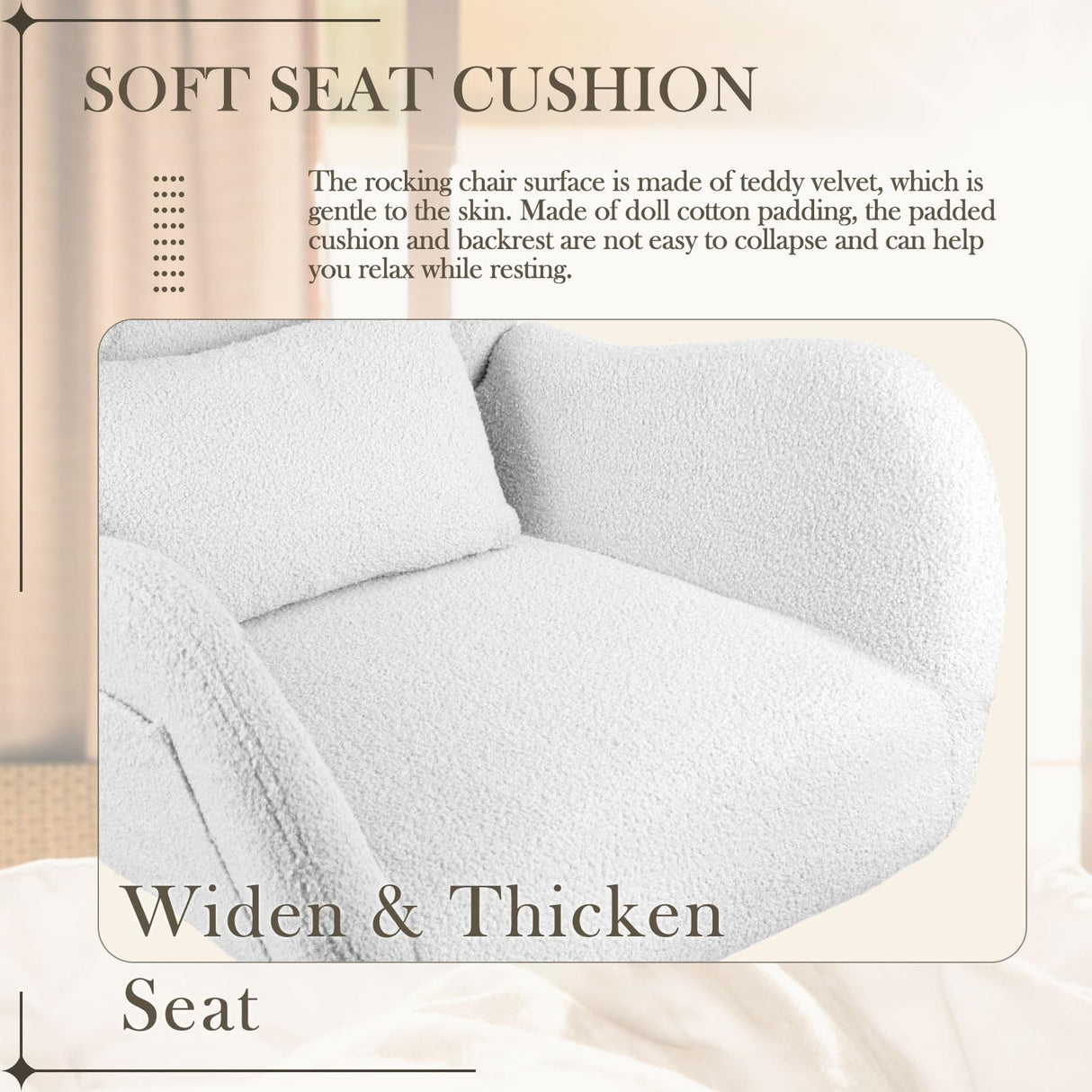 Waleaf Rocking Chair Nursery, Teddy Upholstered Rocking Chair Indoor with High Backrest Glider Accent Chair, Padded Seat Nursing Chair Comfy Chair for Bedroom (Ivory) Waleaf