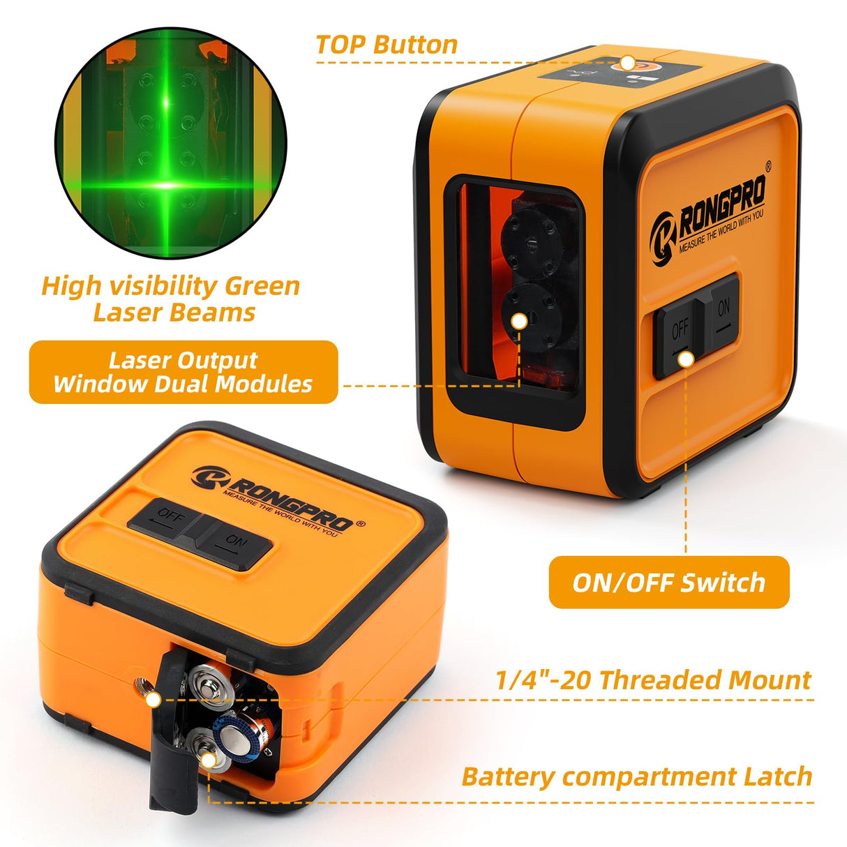 RONGPRO Laser Level Self Leveling - 98Ft/30M Dual Modules Green Cross Line Laser Leveler Tool for Indoor Outdoor Construction Picture Hanging Home Renovation RONGPRO