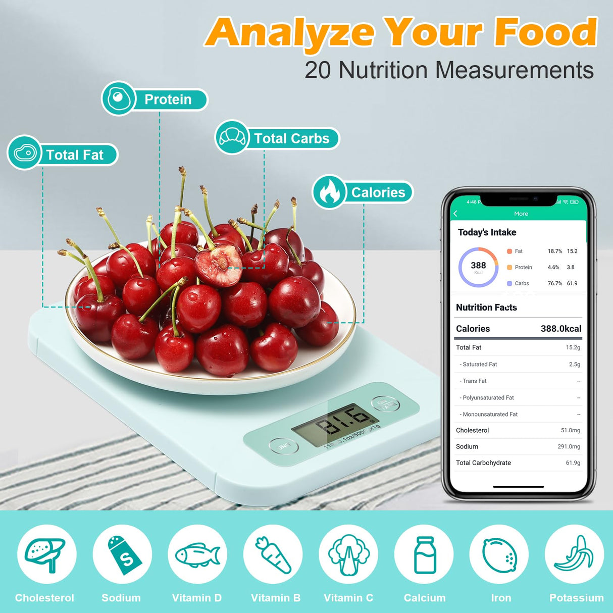 Smart Food Scales for Kitchen - Digital Food Scale with Nutritional Calculator Analysis App, Food Weight Scale Grams and Ounces, Food Scale for Weight Loss, Calories Counting, Meal Prep 0.1oz URAMAZ