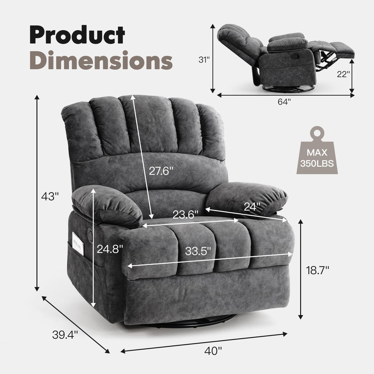 COOSLEEP Oversized Manual Swivel Rocker Recliner Chair, Extra Wide Glider Rocker Recliner for Big and Tall, Overstuffed Lazy Recliner Chair with High Back, Single Sofa Chair for Living Room(Dark Gray) COOSLEEP HOME