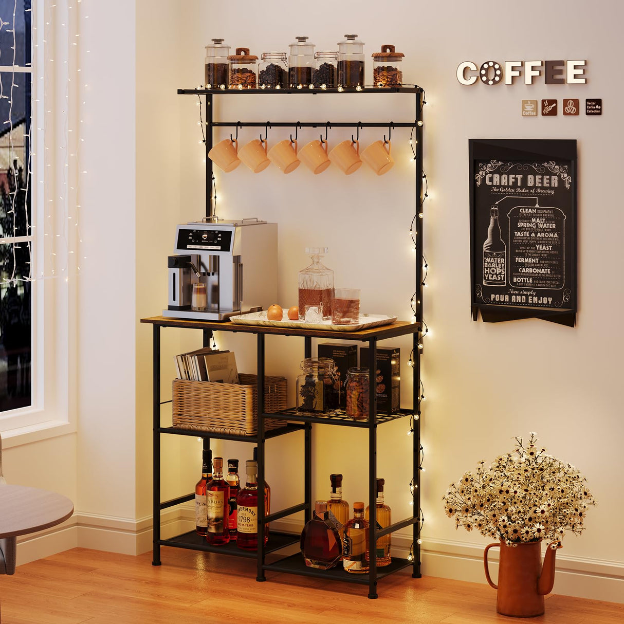 X-cosrack 60" Tall Bakers Racks for Kitchens, Microwave Stand, 4-Tiers Coffee Bar Table,with Adjustable Shelves and 6 S-Hooks,Open Shelf Storage, Kitchen Shelf for Spices, Pot Rack, Rustic Brown X-cosrack