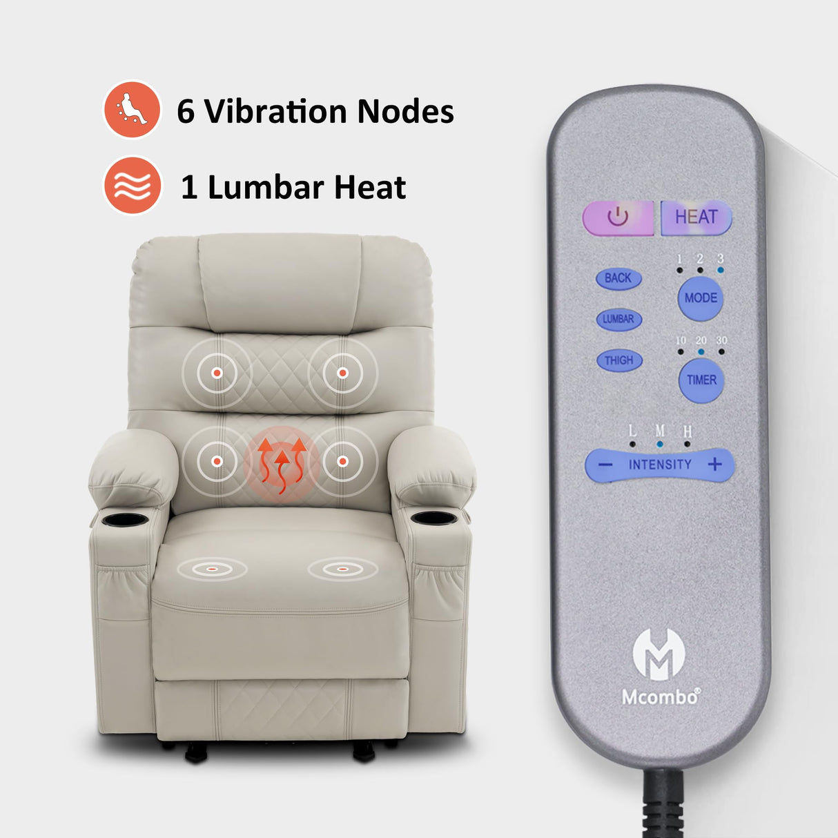 MCombo Power Recliner Chair with Heat and Vibration, Cup Holder, USB Port, Extended Footrest, Faux Leather Electric Reclining Sofa for Living Room PR621 (Light Grey) MCombo