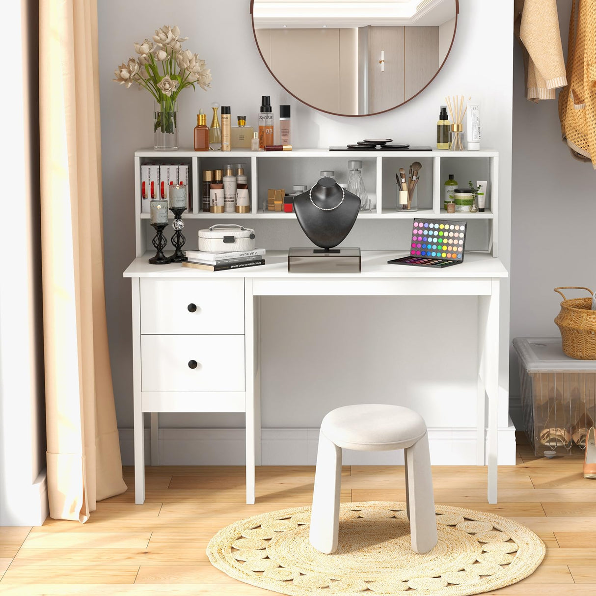 GLOBALWAY48” Computer Desk, Study Writing Desk with 5-Cube Hutch, 2 Drawers & Charging Station, Home Office Workstation for Living Room, Study & Bedroom, White Giantex