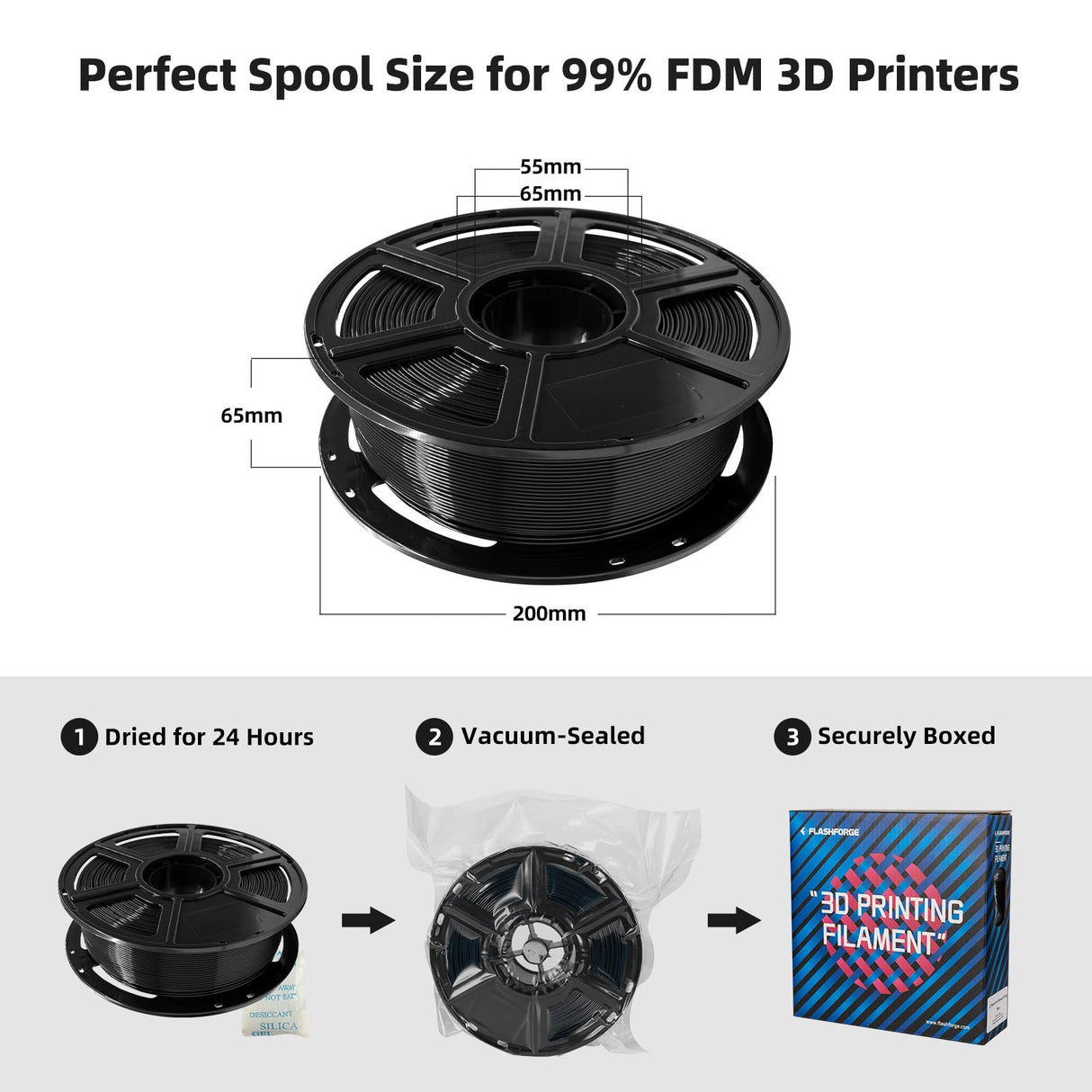 FLASHFORGE PLA Filament 1.75mm, 3D Printer Filament 1kg (2.2lbs) Spool, Dimensional Accuracy +/- 0.02mm, 3D Printing Filament Easy to Use and Fits for Most FDM 3D Printers (Black) FLASHFORGE