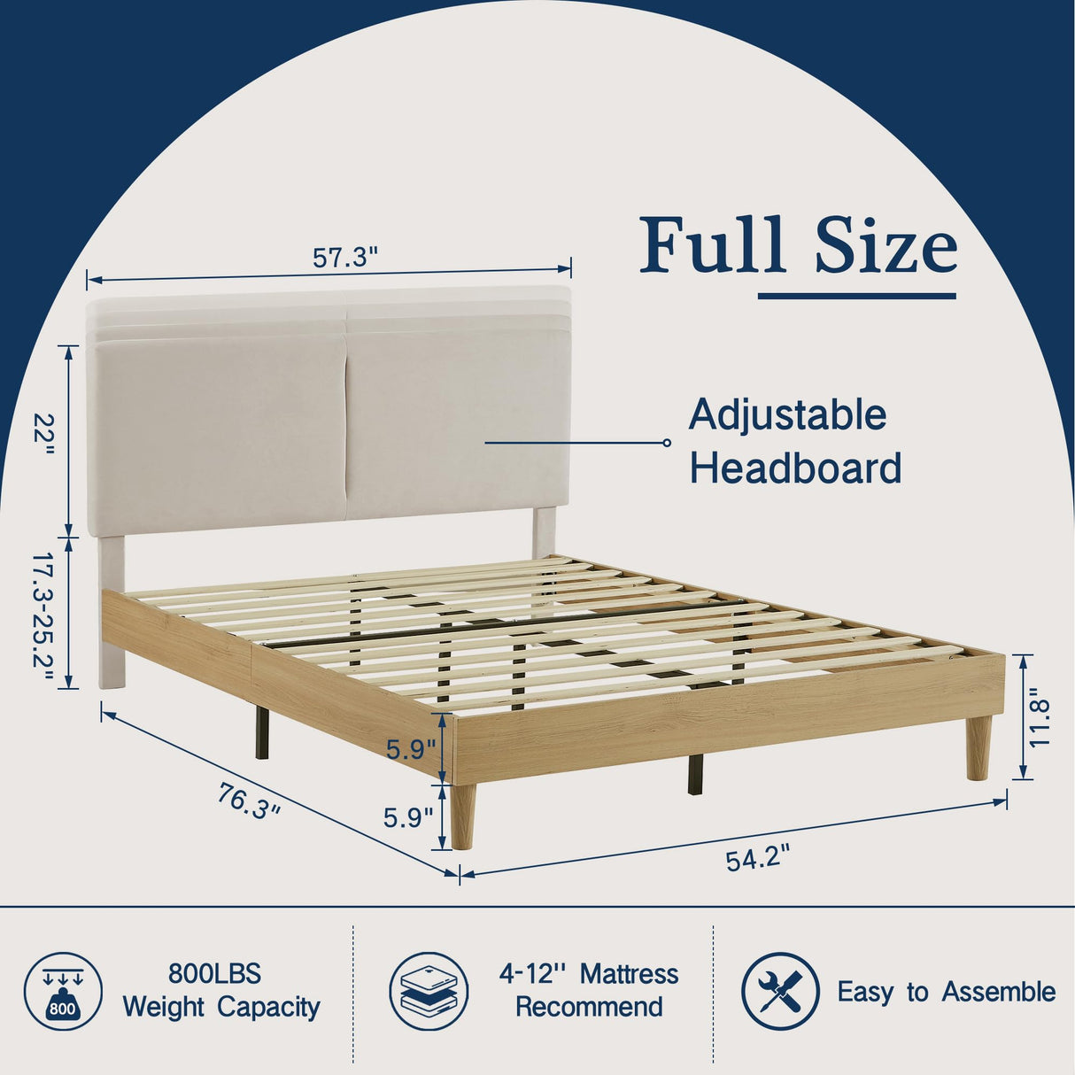VECELO Adjustable Upholstered Full Bed Frame with Heavy-Duty Slats and Noise-Free Design VECELO