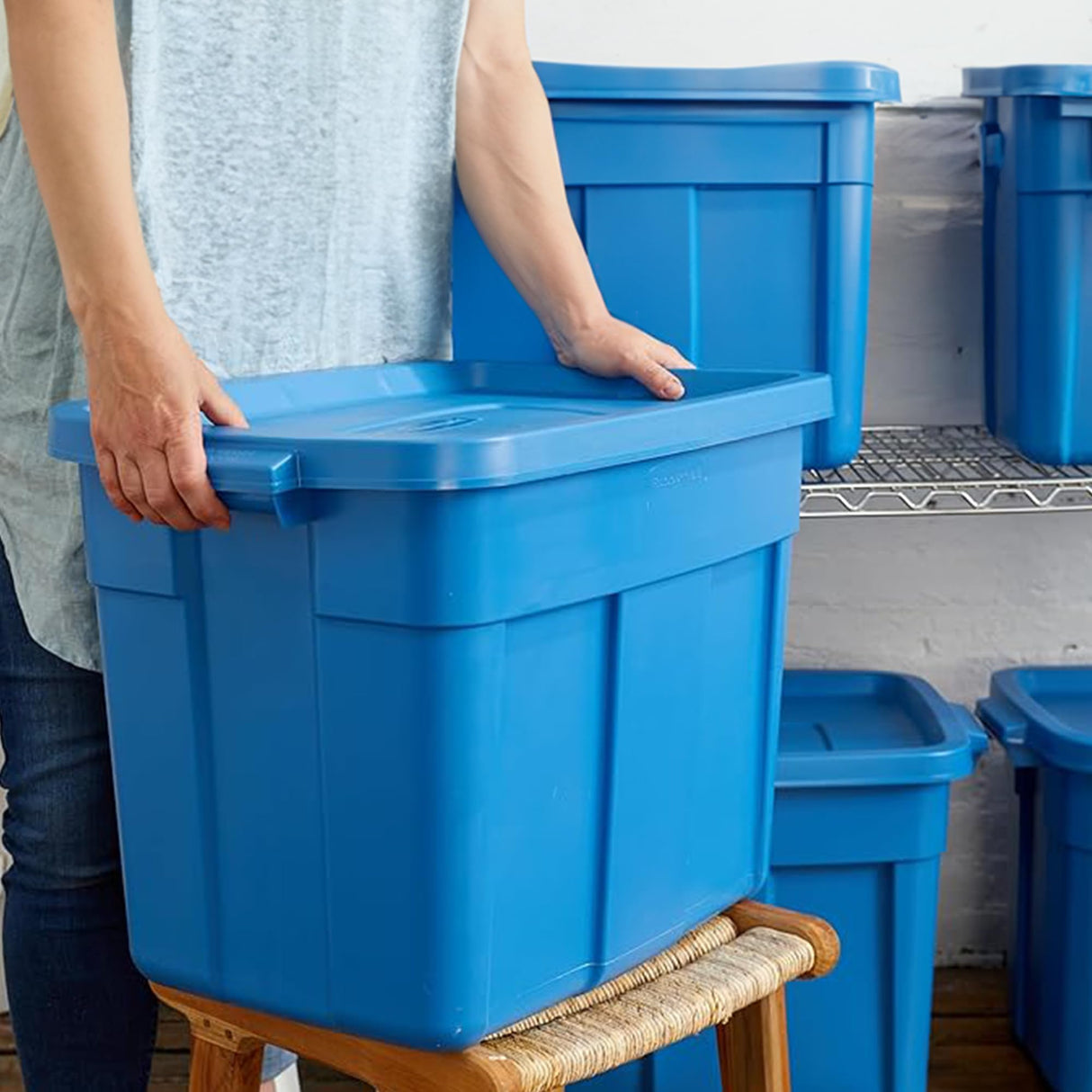 Rubbermaid Roughneck Tote 18 Gal, 6 Pack, Made in USA, Heritage Blue, Rugged Plastic Stackable Storage Bins with Lids and Handles Rubbermaid