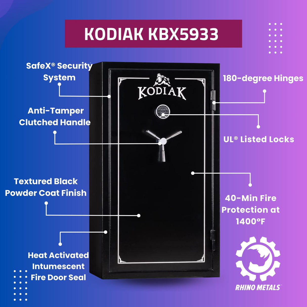 Kodiak Home Gun Safe for Rifles & Pistols | KBX5933 by Rhino Metals with New SafeX Security System | 46 Long Guns & 6 Pistol Pockets | 40 Minute Fire Protection | 395lbs Kodiak