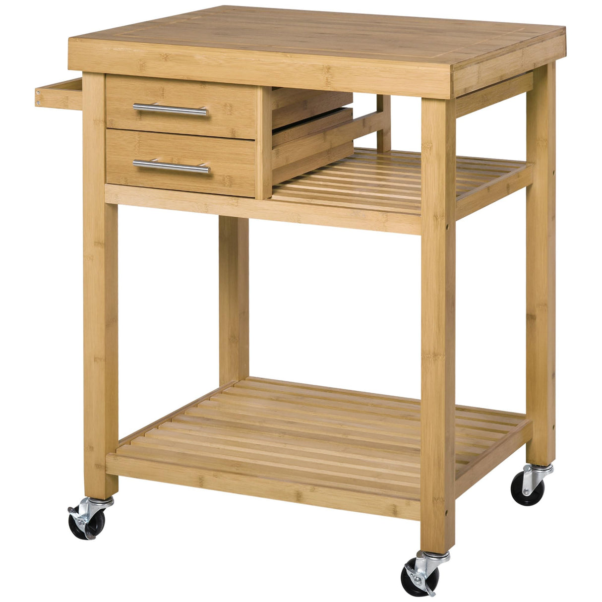 HOMCOM Bamboo Kitchen Island Cart on Wheels, Utility Trolley Cart with 2 Storage Drawers and Open Shelves, Natural HOMCOM