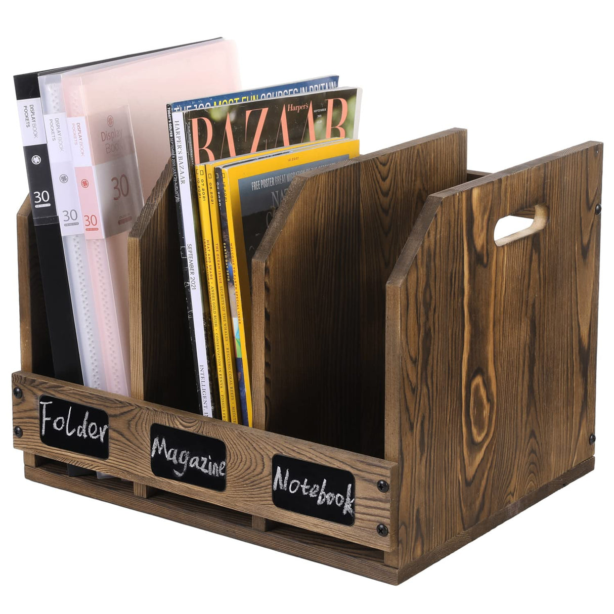 MyGift Rustic Burnt Brown Wood Office Desktop Document File Folder Binder Storage Organizer Rack with 3 Compartments and Chalkboard Labels MyGift