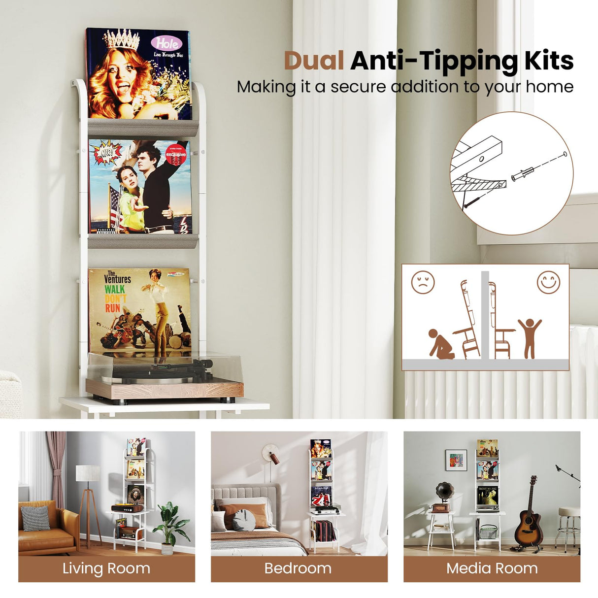 Giantex Record Player Stand with Vinyl Storage, 5-Tier Tall Turntable Stand with Record Holder Vinyl Display Shelf, Holds up to 200 Albums, Vinyl Record Storage for Living Room, Bedroom (White) Giantex