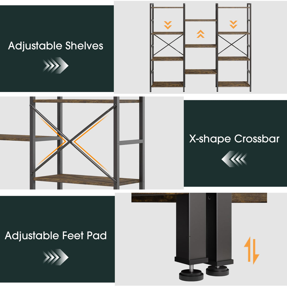 GRUSIGN Triple 4 Tier Book Shelf, Modern Bookcase Shelf, Freestanding Large Display Shelves for Living Room/Office/Garage, Stable Large Bookshelf with Storage for Books/Lego/Plants, Rustic Brown GRUSIGN