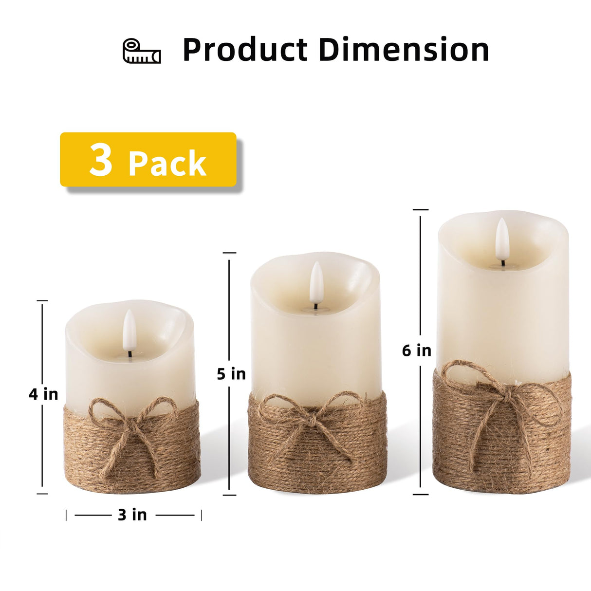 AKU TONPA Flameless Candles Battery Operated Pillar Real Wax Electric LED Candle Gift Set with Remote Control and Timer, 4" 5" 6" Pack of 3 (Ivory Wax with Hemp Rope) AKU TONPA
