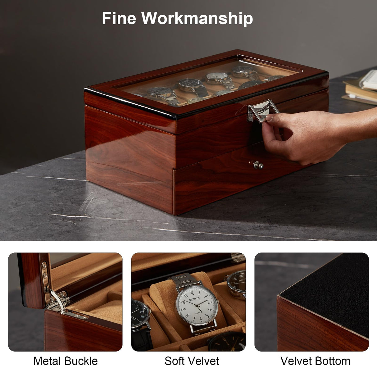 Homruilink 10-Slot Wooden Watch Box, Wood Watch Case with Drawer, Watch Display Box with Glass Lid, 2-Layer Watch Holder for Jewelry and Watch Storage for Men Women Homruilink