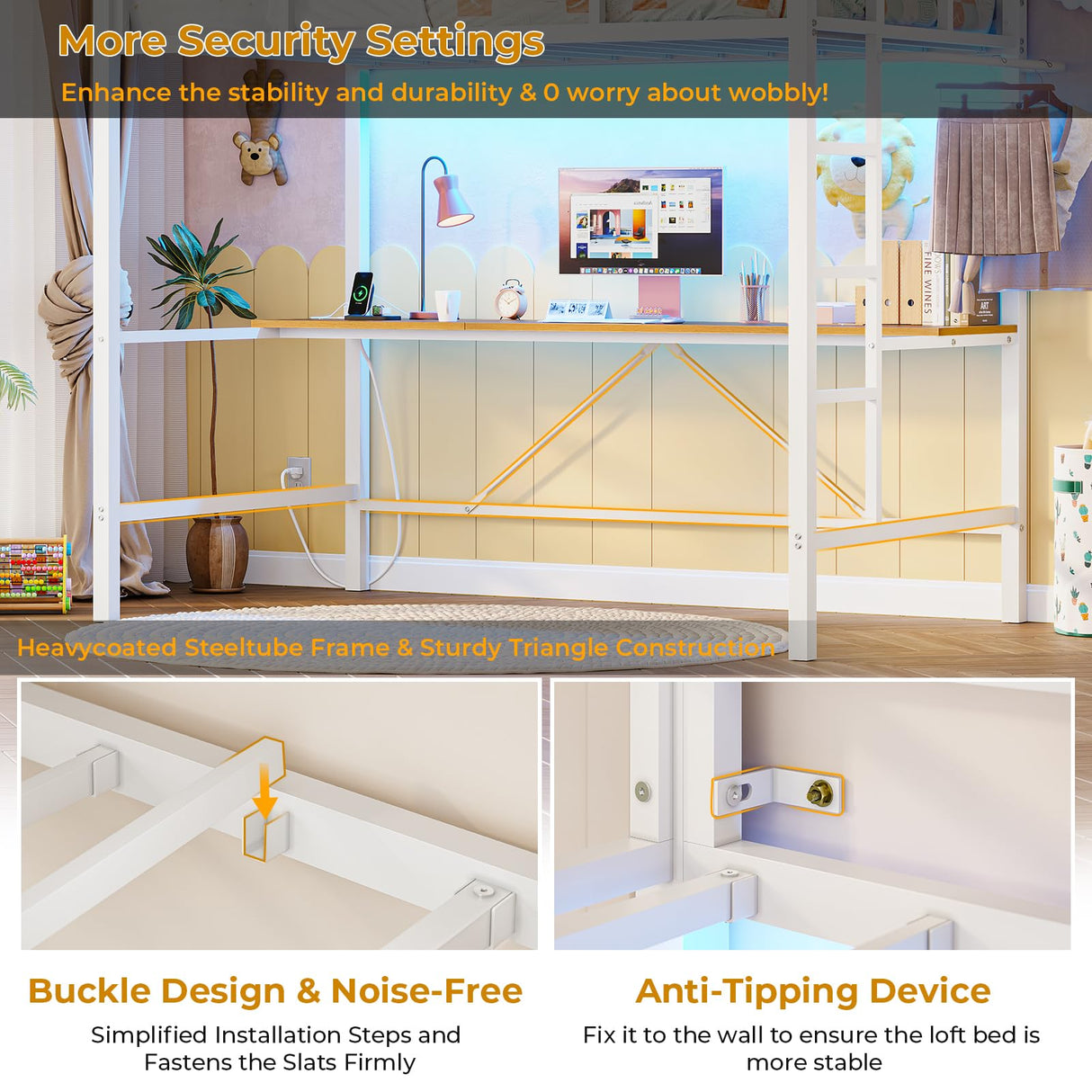 DICTAC Twin Loft Bed with Desk and Charging Station Twin Size Metal Bed Frame with LED Lights Metal Platform Bed,Top Bunk with Safety Guardrail and Stair, Space-Saving,No Box Spring Needed, White DICTAC
