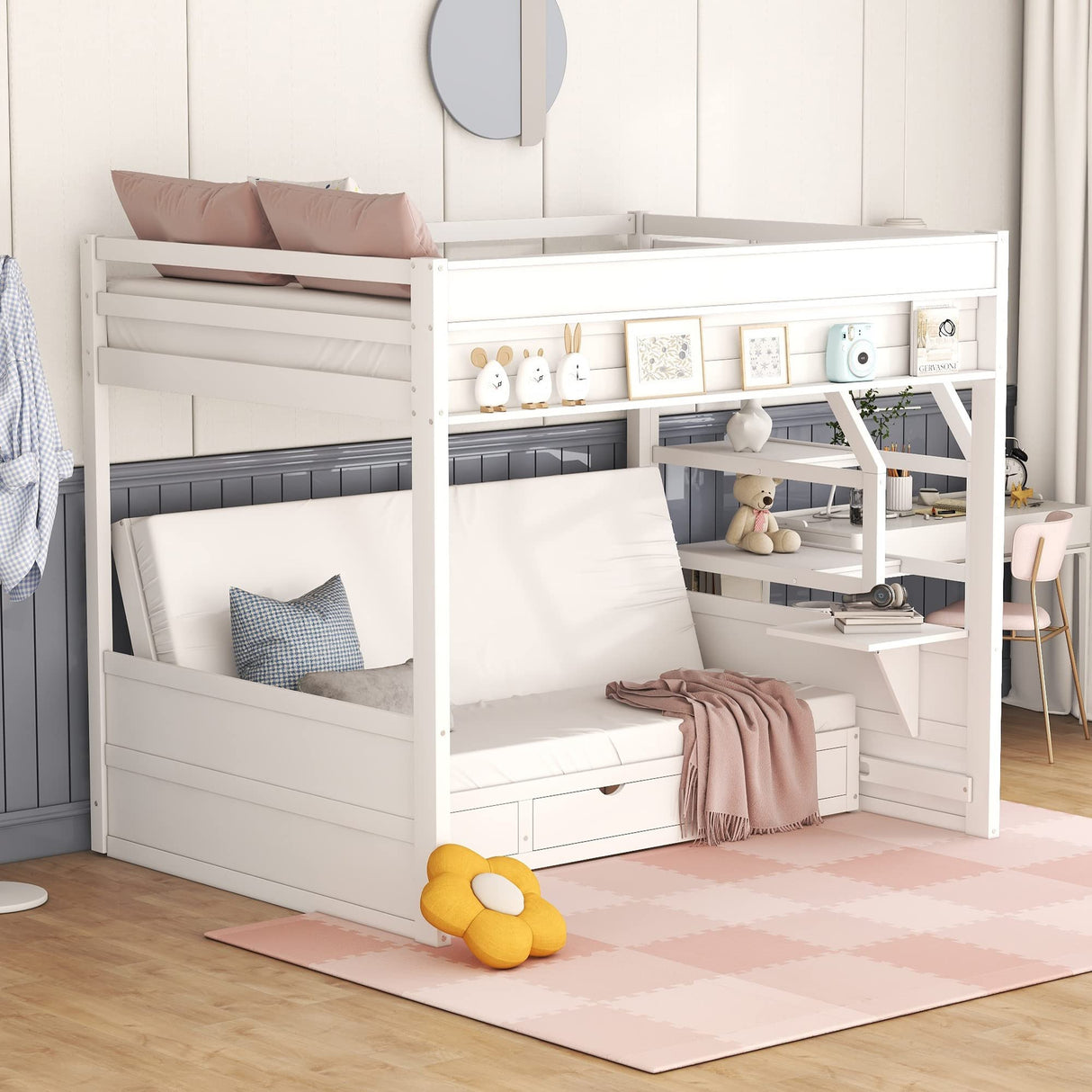 Harper & Bright Designs Full Over Full/Futon Bunk Beds with Stairs, Built-in Shelf, and 3 Drawers, Bottom Bed can be Converted into Daybed, Solid Wood Bunk Bed Frame (White) Harper & Bright Designs