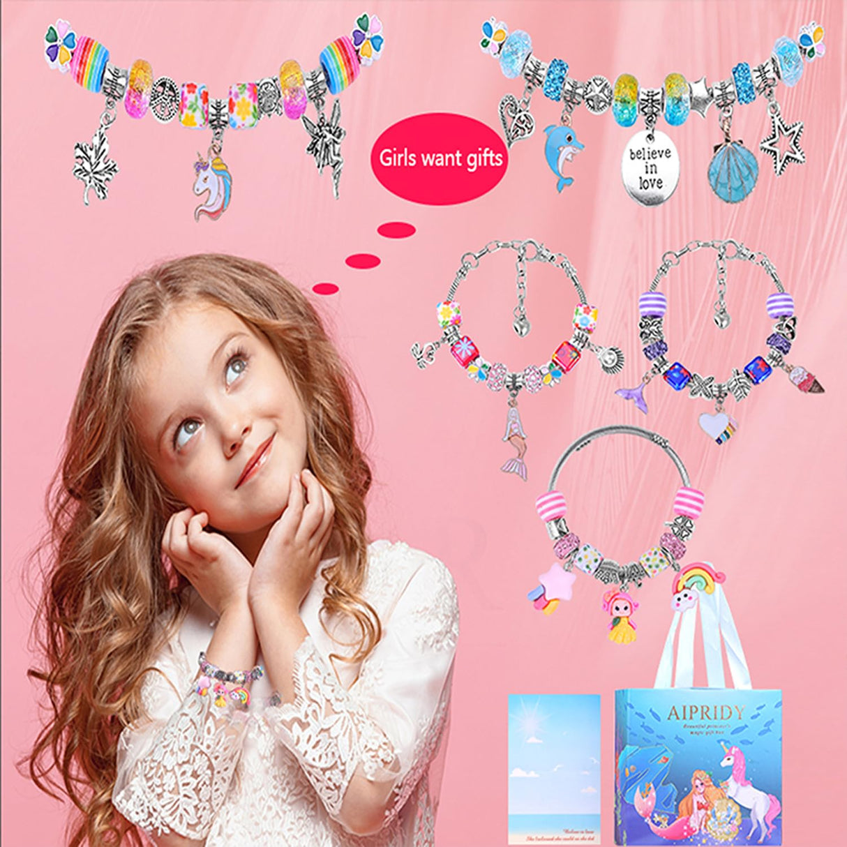 AIPRIDY Charm Bracelet Making Kit,Unicorn Mermaid Crafts Gifts Set Can Inspires Imagination and Creativity,Jewelry Making Kit Perfect Gifts for Girls 5-12 Years Old (84 Pieces) AIPRIDY