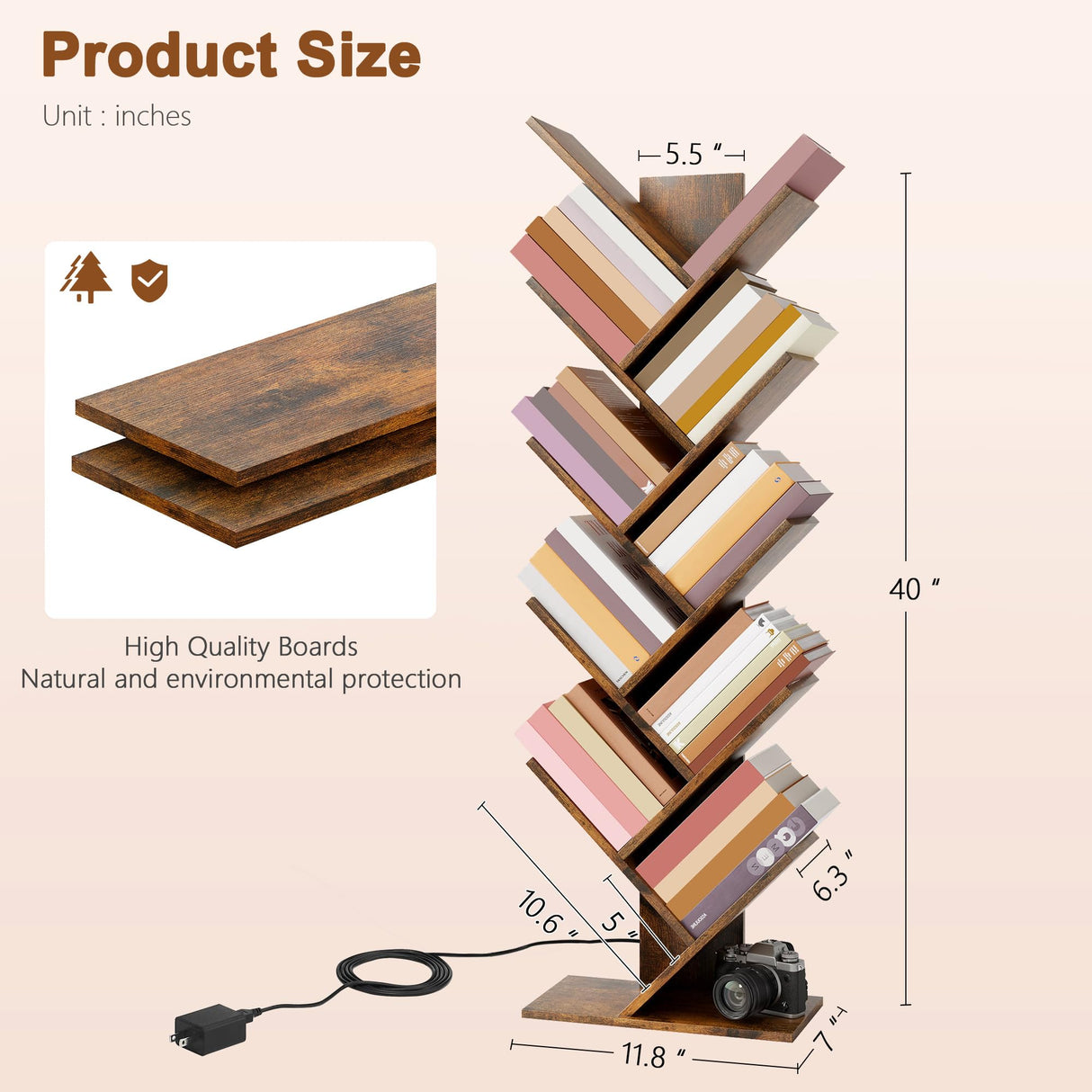 Hoctieon 10 Tier Tree Bookshelf, Tall Bookcase, Freestanding Book Shelf with LED Lights, Display Floor Standing Storage Shelf, Book Organizer Shelves for Home Office, Living Room, Rustic Brown Hoctieon