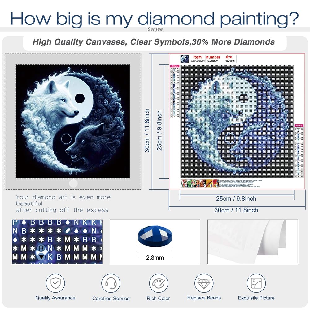 Sanjee Wolfs Diamond Art Kits for Adults, Yin-Yang Diamond Painting Kits for Beginner, 5D DIY Round Full Drill Gem Art Crafts for Home Wall Decor Gift, 12x12inch Sanjee