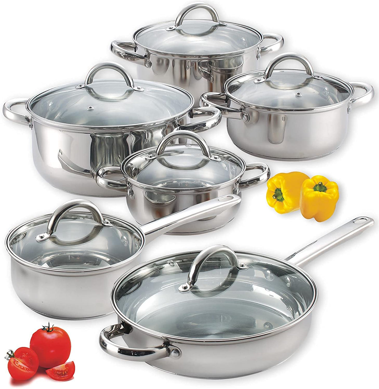 Cook N Home Kitchen Cookware Sets, 12-Piece Basic Stainless Steel Pots and Pans, Silver Cook N Home