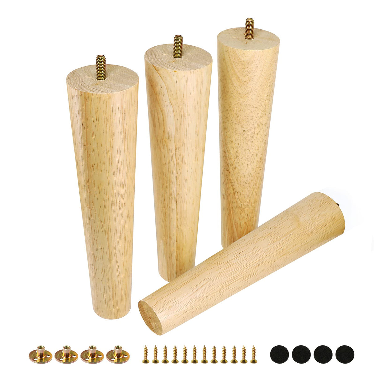 FoDau770 Rubber Wood Furniture Legs 10 Inches, Straight Tapered Wood Legs Mid Century Sofa Legs Set of 4, 5/16" UNC Furniture Feet Replacement Legs for Cabinet Sofa Couch Dresser Chair Ottoman Table FoDau770