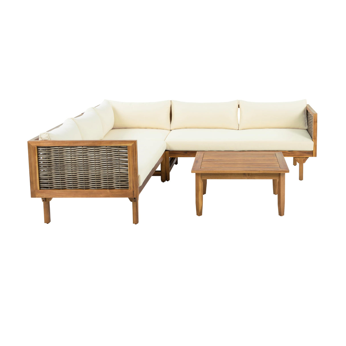 Christopher Knight Home Tenntt 5-Seater Acacia Wood Patio Furniture Set, Outdoor Conversation Sofa Chat Set with Coffee Table, Wicker Arm, Sectional Seating Group for Backyard Balcony, Teak+Beige Christopher Knight Home