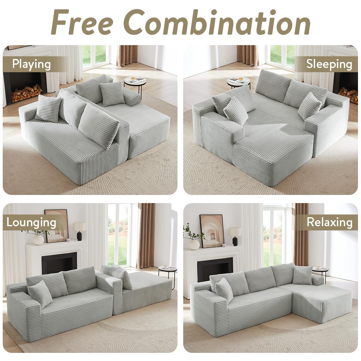 Modular Cloud Sectional Couch with L-Shape Chaise,Modern Upholstered Couches with Deep Seat,Corduroy Sponge Compressed Sofa for Living Room, Bedroom,No Assembly Required(Light Gray) ZKJOLMN