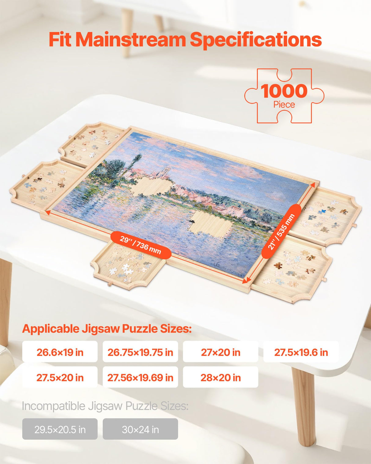VEVOR 1000 Piece Rotating Puzzle Board with 5 Drawers and Cover, 29x21 in Portable Wooden Table, Jigsaw Puzzle Accessories for Adults, Puzzles Organizer Storage System, Birthday Gift for Mom VEVOR