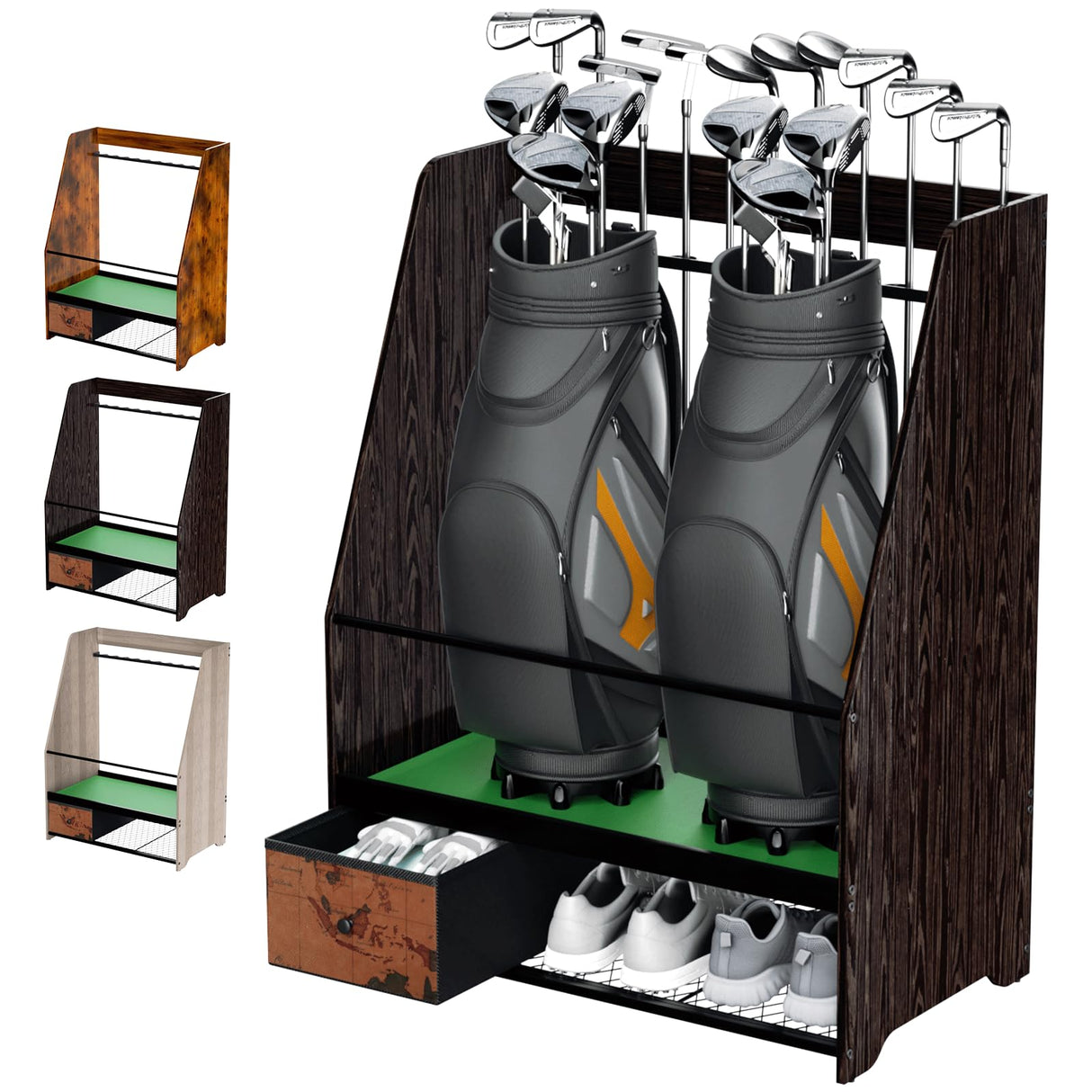 Ponsonbay Golf Bag Organizer Rack – Large Wooden Golf Storage for 2 Bags, Clubs & Accessories with Dustproof Drawer, Sports Equipment Rack for Garage, Practice Room, Home or Office (Black) Ponsonbay