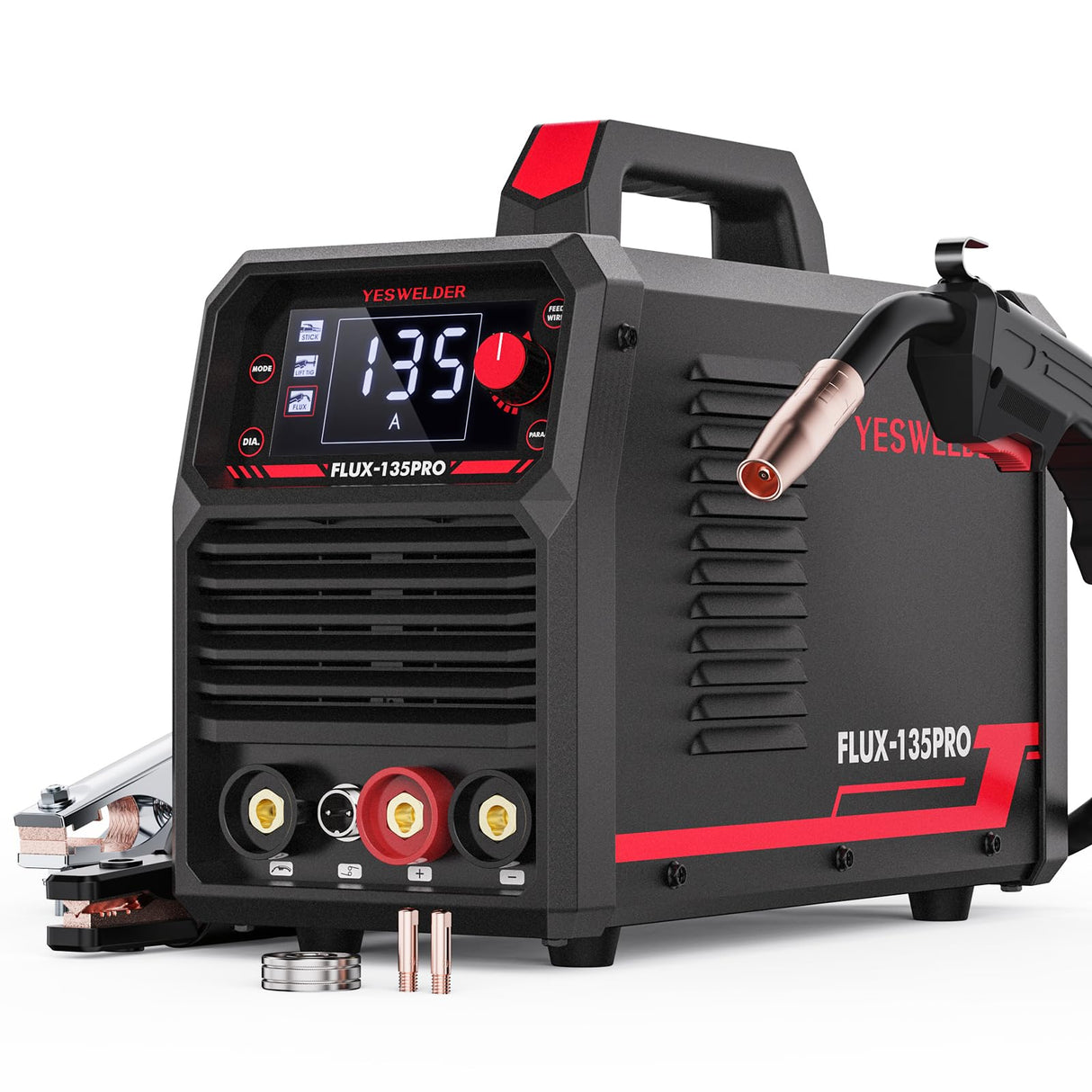 YESWELDER 135Amp MIG Welder,110V Flux Core Welder Flux MIG/Lift TIG/Stick 3-in-1 Large LED Digital Display Welding Machine IGBT Inverter Welder FLUX-135PRO YESWELDER