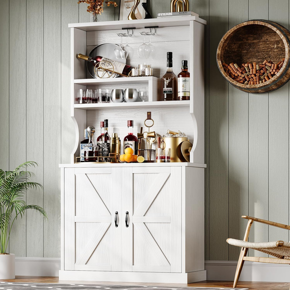 4ever2buy Farmhouse Coffee Bar Cabinet with Storage Hutch, 73 Inch Tall Coffee Bar with Wine Racks and Adjustable Shelves for Living & Dining Room, White 4ever2buy
