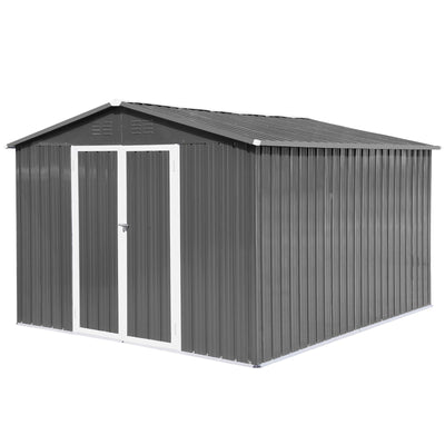 Outdoor 10x12 FT Storage Shed - Large Outdoor Metal Tool Storage Shed with Lockable Hinged Door, Air Vents & Apex Roof, Sturdy All-Weather Utility Tool Garden Storage for Backyard Patio Lawn, Grey