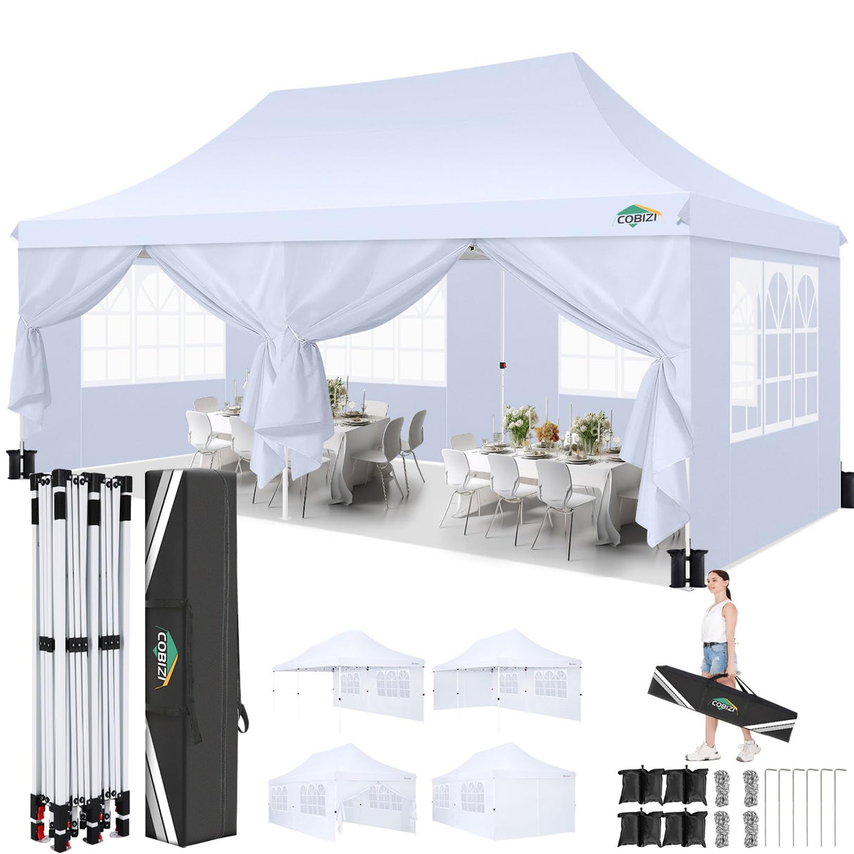 COBIZI 10x20 Pop Up Canopy Tent with Sidewalls, Commercial Ez Up Canopy, 3 Adjustable Heights, Waterproof and UV Protection 50+, Outdoor Gazebo Pop up Tent for Parties & Patio with 4 Sandbags COBIZI