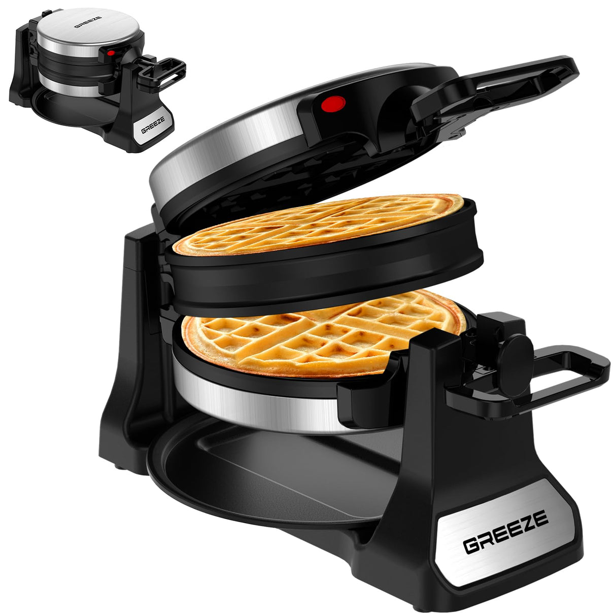 Waffle Maker, Double Belgian Waffle Maker 180°Flip, 1400W Waffle Iron 8 Slices, Rotating & Nonstick Plates with Removable Drip Tray for Easy Clean, Stainless Steel, Locking Buckle & Cool Touch Handle Greeze