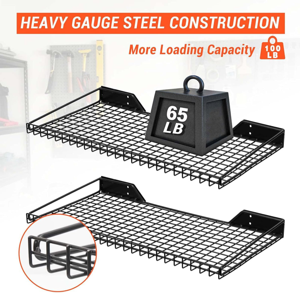 Wallmaster Garage Wall Shelf 2 Pack 23.6"x11.8" Wall Mount Heavy Duty Metal Shelves Mesh Storage Rack for Garage, Office, Basement and Kithcen, max Load 65 lbs (Black) Wallmaster