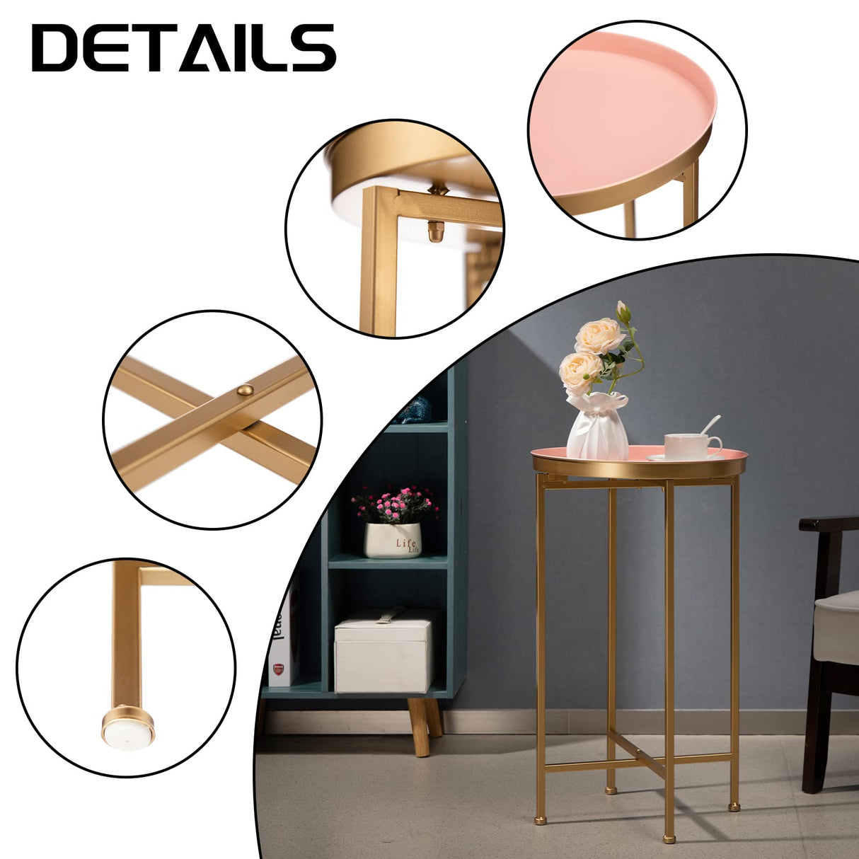 HollyHOME Small Round Metal End Table, Accent Indoor&Outdoor Coffee Side Table, Snack Sofa Table for Living Room, Anti-Rust Decorative Plant Stand, (D) 14.5" x(H) 25", Gold&Pink HollyHOME