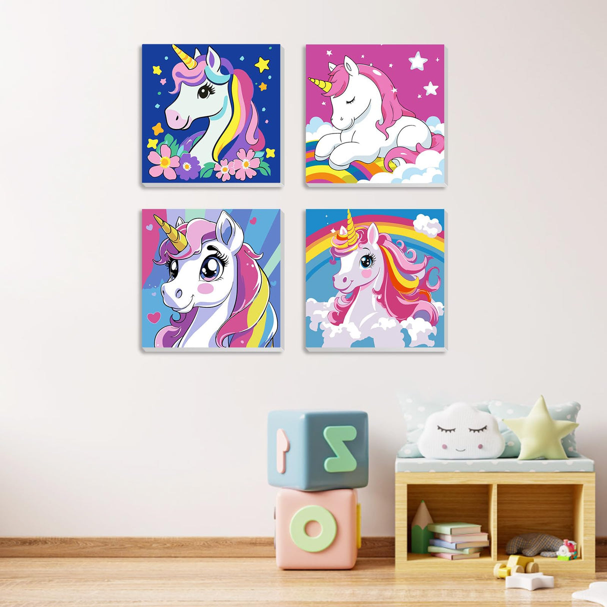 MXJSUA 4 Pack Cartoon Unicorn Paint by Numbers Kit with Framed Canvas for Kids, Rainbow Unicorn by Number Painting Kits for Ages 6-12 Kids, Acrylic Oil Paint by Number Kits for Beginners 8x8 Inch MXJSUA