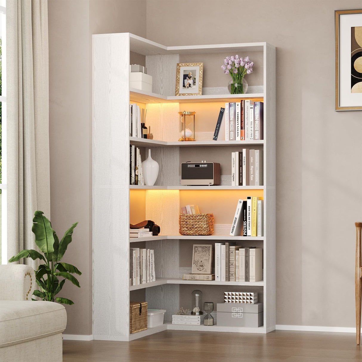 4 EVER WINNER Corner Book Shelf with LED Lights, 71” Corner Bookshelf for Living Room, Study Room, Wooden Storage Display Industrial l Shaped Bookshelf, White 4 EVER WINNER