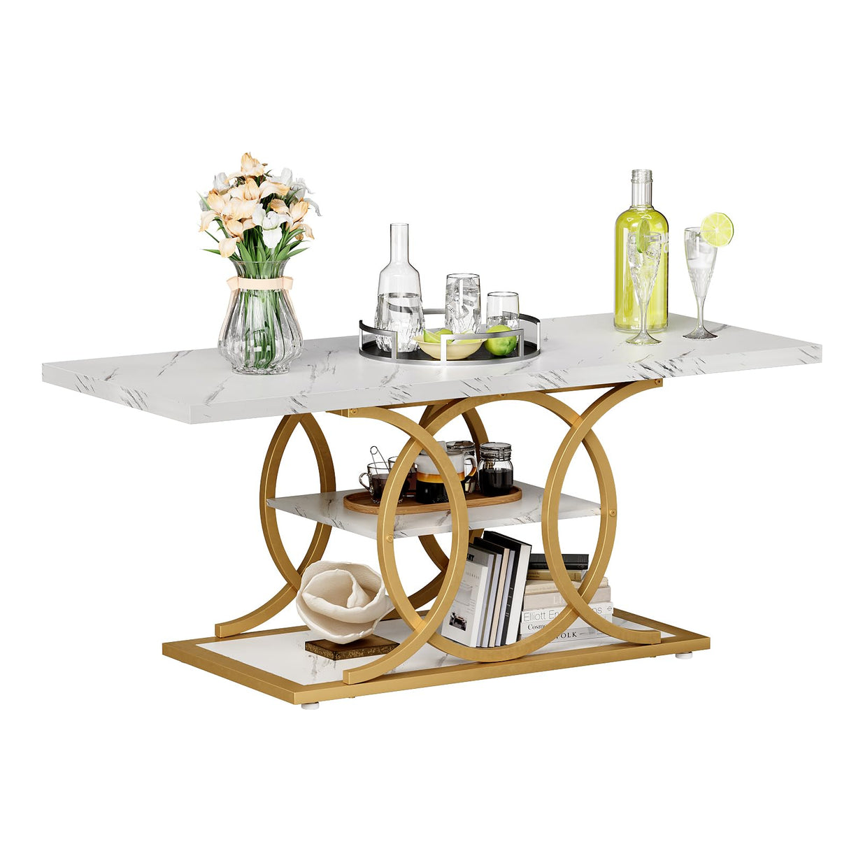 GiftGo Rustic Coffee Table with Storage Modern 3 Tier Center Living Room Table Faux Marble Wooden Rectangle Cocktail Tea Table for Office Bedroom Elegant Full Moon Design (White Gold, L-47) GiftGo