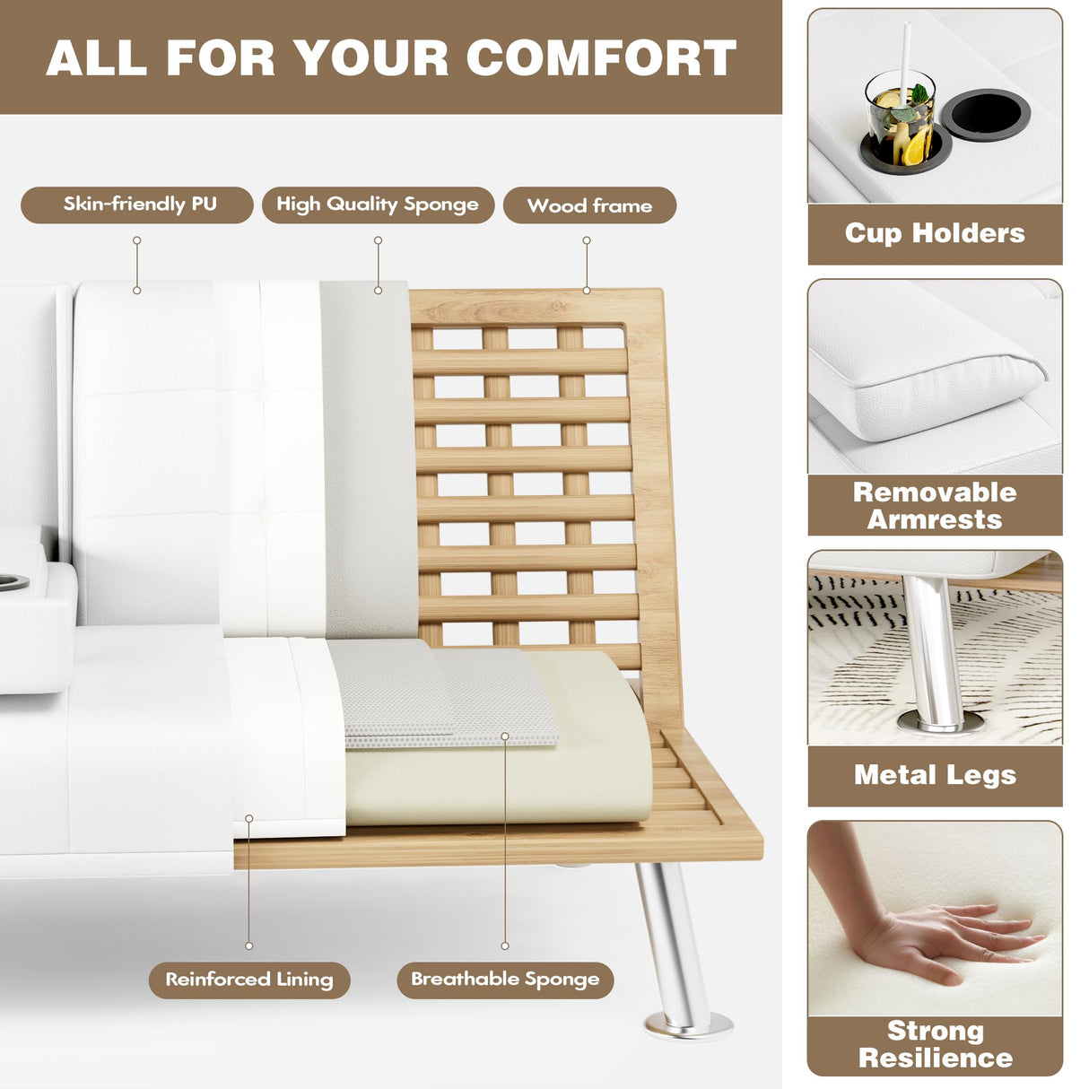 Homall Futon Sofa Bed, Leather Futon Couch with Removable Armrests, Adjustable Recliner Sleeper Sofa Bed with Dual Cup Holders for Living Room, Apartment, Office (White) Homall