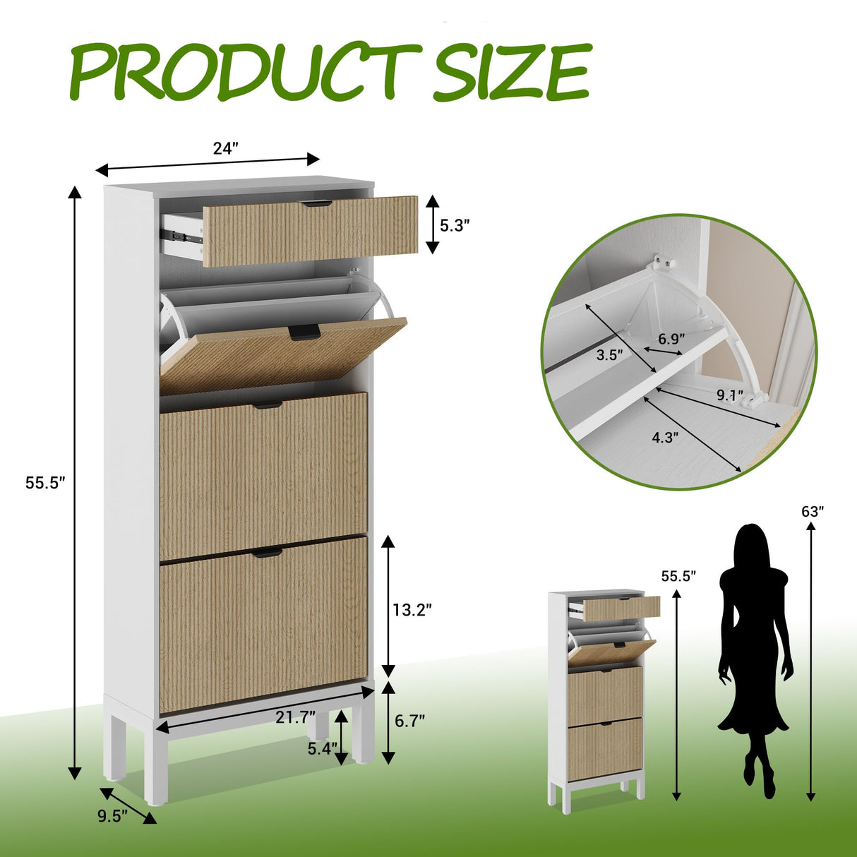 GarveeHome Shoe Cabinet with 3 Flip Doors & 1 Drawer, Entrance Wooden Shoe Rack with Iron Legs, Slim Shoe Storage Cabinet, Modern Fluted Shoe Organizer for Entryway Hallway, White+Oak GarveeHome