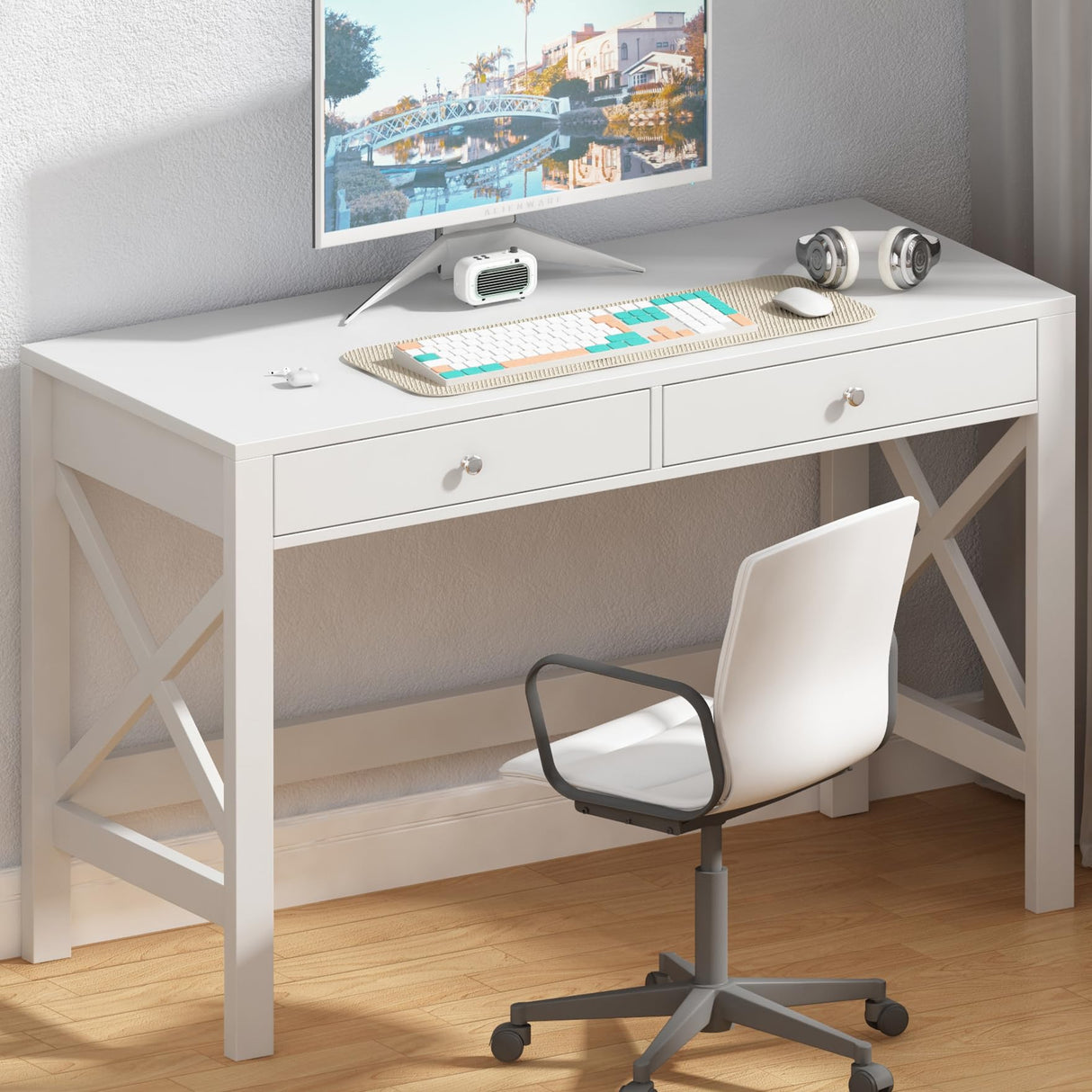 ChooChoo Computer Desk Study for Home Office, Modern Simple 40 Inches White Desk with Drawers, Makeup Vanity Console Table ChooChoo