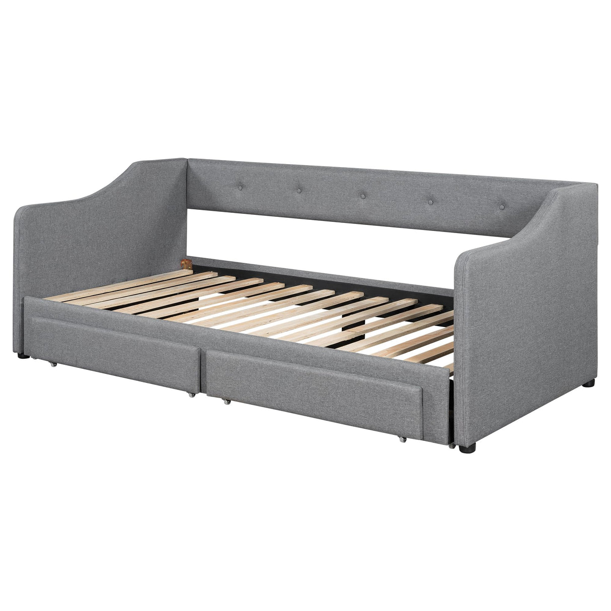 Merax Linen Upholstered Daybed with Trundle and 2 Storage Drawers, Twin XL to King Size Wooden Bed Frame & Buttoned Back for Living Room,Guest Room, No Box Spring Needed, Easy Assembly, Gray Merax