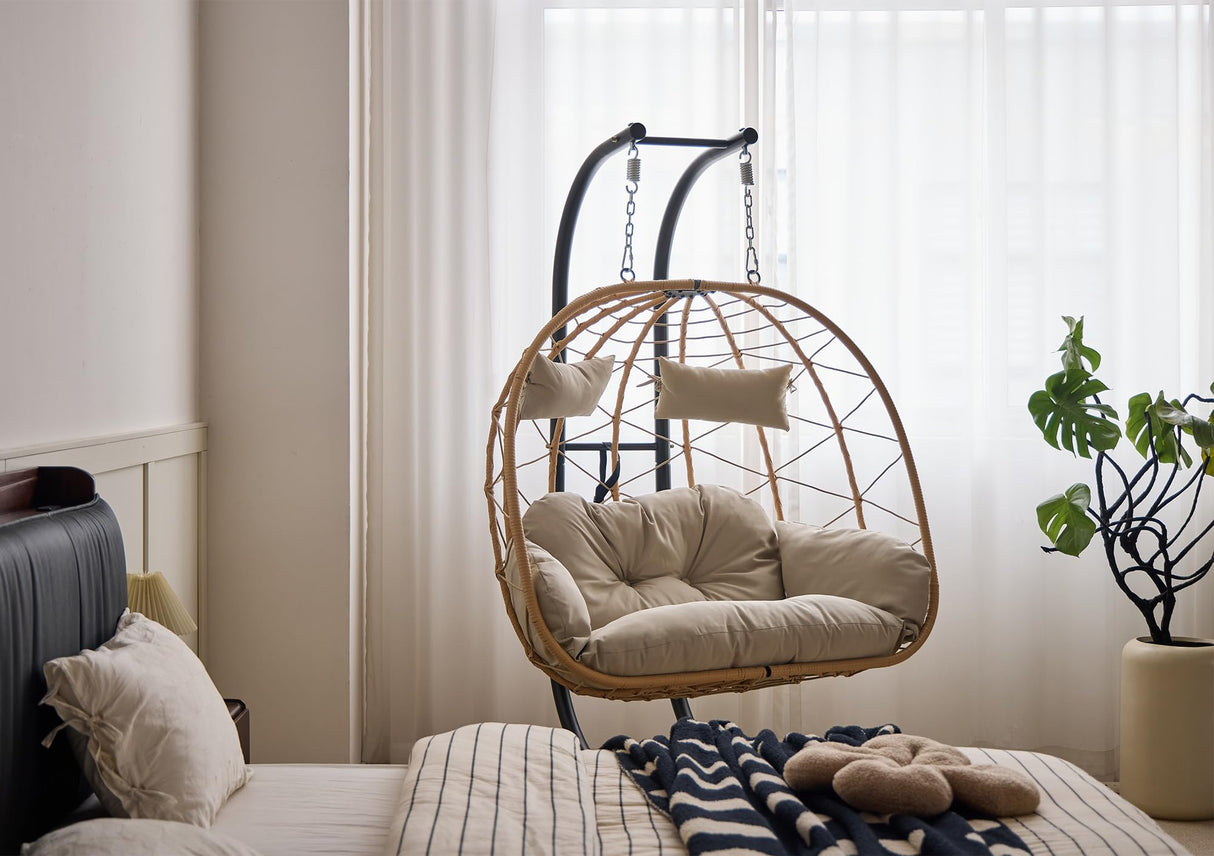 Double Hanging Egg Chair with Stand - Indoor/Outdoor Hammock Chair & Hanging Egg Chair | Rattan Wicker, UV Resistant Cushion & Pillow, 550LBS Capacity for Bedroom, Patio, Balcony, Garden Topfuca