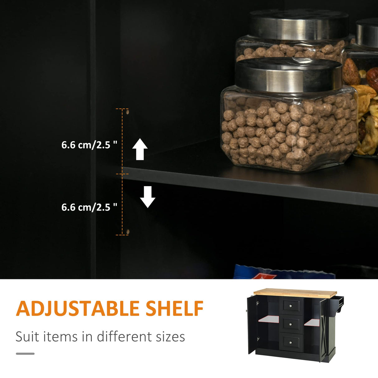 HOMCOM Rolling Kitchen Island with Storage, Kitchen Cart with Wood Top, 3 Drawers and 2 Barn Door Style Cabinet, Adjustable Shelves, Spice Rack, Black HOMCOM